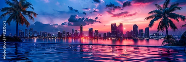 Fototapeta Miami Skyline at Dusk, Waterfront Views with Reflective Buildings, Vibrant Urban Landscape with Sunset Hues