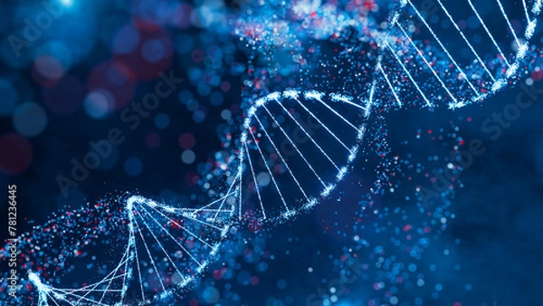 Fototapeta Sparkling DNA helix structure in blue and red. High-tech concept of genetic research, bioinformatics, and computational biology. 