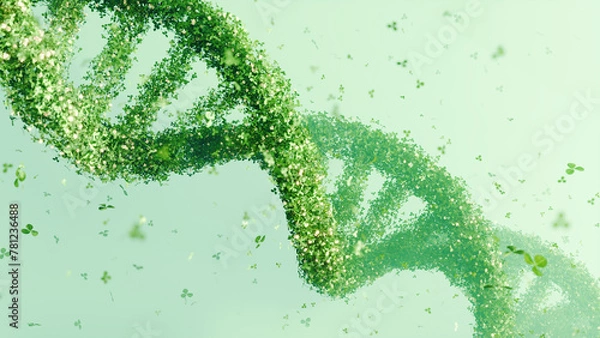 Fototapeta DNA double helix structure made of green leaves on a soft green background. Bioinformatics and green technology concept, eco-scientific design, environmental awareness