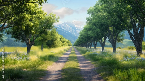 Obraz A dirt road lined with tree both sides