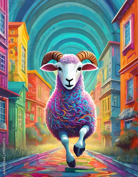 Fototapeta a psychedelic ibex runs through the streets of a colorful town