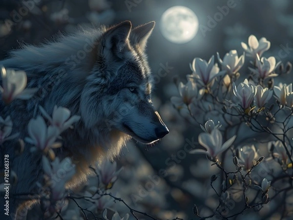 Obraz Enigmatic Wolf Illuminated by Luminous Magnolias Under Captivating Moonlight