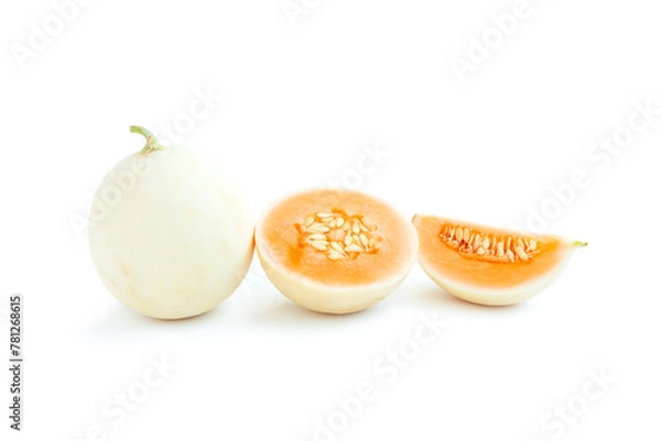 Fototapeta Fresh Honeydew melon fruit and sliced half isolated on white background, Ripe honeydew melon