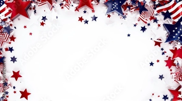 Fototapeta Festive composition with miniature American flags among confetti stars on a white background