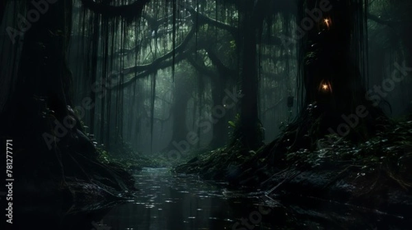 Fototapeta A haunting, serene image of a forest swamp illuminated by lanterns, veiled in a thick mist