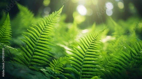 Fototapeta Sunlight filters through the forest canopy, casting dappled light upon lush green ferns, evoking a sense of growth and vitality