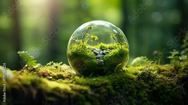 Obraz A captivating image showing a delicate ecosystem within a transparent sphere, set against a lush forest backdrop