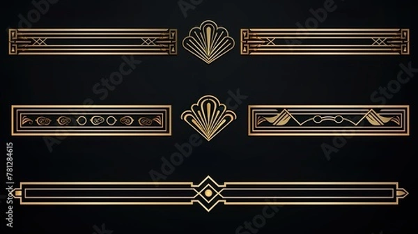Fototapeta Set of Art Deco style elements with intricate linear designs for elegant vintage inspired projects