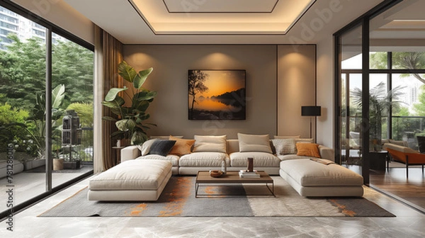 Fototapeta Modern creative living room interior design backdrop ideas concept house beautiful background elevation of sofa with decorative photo paint frame full wall background. Design concept.