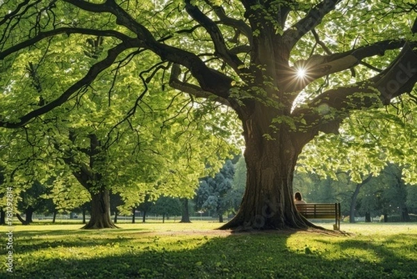 Fototapeta A sunny park with wooden bench under large trees in the background