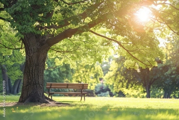 Fototapeta A sunny park with wooden bench under large trees in the background