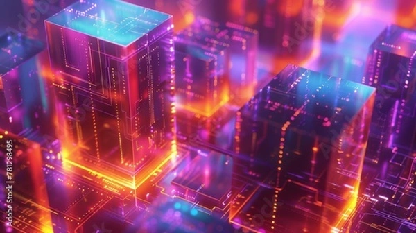 Obraz A futuristic data security interface depicted in a sleek isometric design, featuring organic and flowing forms in blue and pink tones against a dark background, with bright color blocks highlighting 