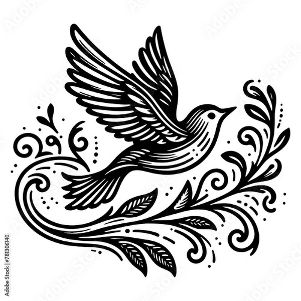 Fototapeta bird in flight tattoo, surrounded by decorative elements, freedom and grace sketch engraving generative ai fictional character PNG illustration. Scratch board imitation. Black and white image.