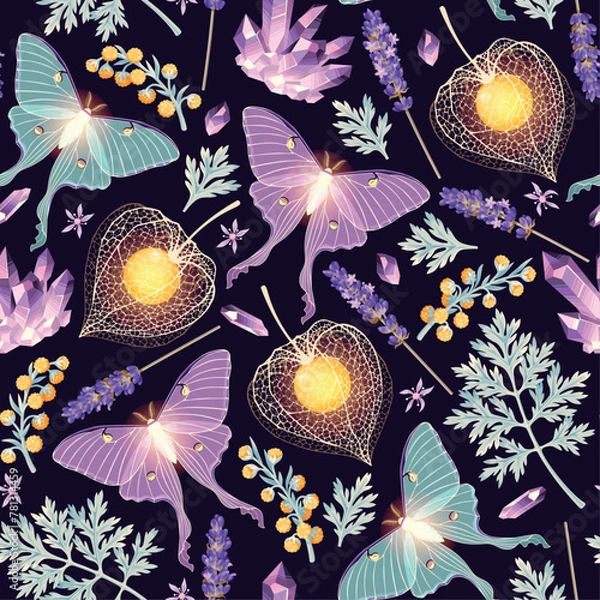 Fototapeta Moon moth and flowers vector seamless pattern