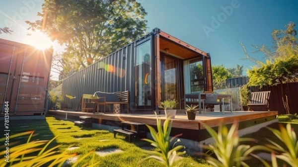 Fototapeta Modern shipping container house home, tiny house in sunny day. Shipping container houses is sustainable, eco-friendly living accommodation or holiday home, Generative Ai