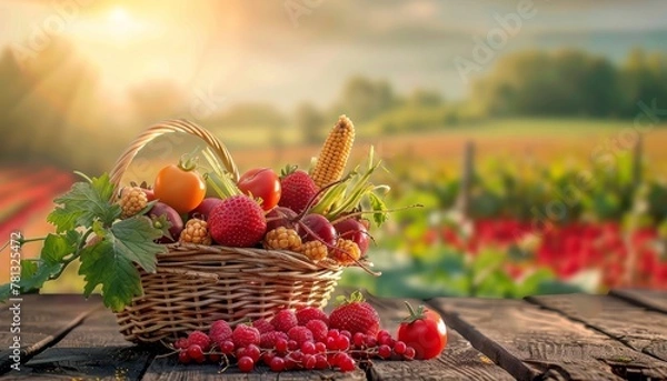 Obraz Thansgiving agriculture harvest banner apsicum, tomato, beetroot, strawberry, raspberry ,red corn on the in a basket put on dark brown wooden floor, with defocused landscape field in the background 
