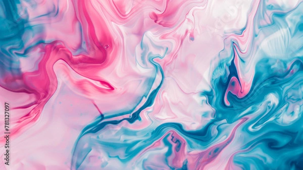Fototapeta Abstract swirl of pink and blue hues with white accents, evoking fluidity and creativity. Perfect as a calming background for various applications.






