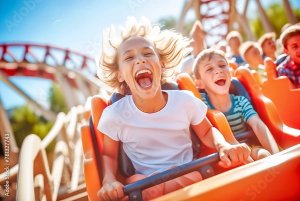 Fototapeta Kids Screaming with Joy on Thrilling Rollercoaster Ride