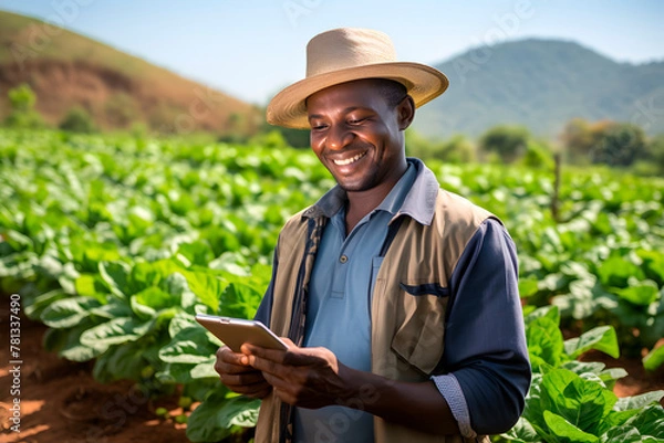 Fototapeta African american farmer working in a tobacco field while using a digital tablet. Generative Ai.