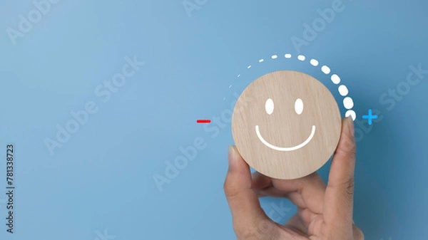 Fototapeta Emotion happiness feed good concept. Positive thinking and growth mindset, mental health care recovery, Happy mental. Happy smile relax face in wooden table and positive thinking .