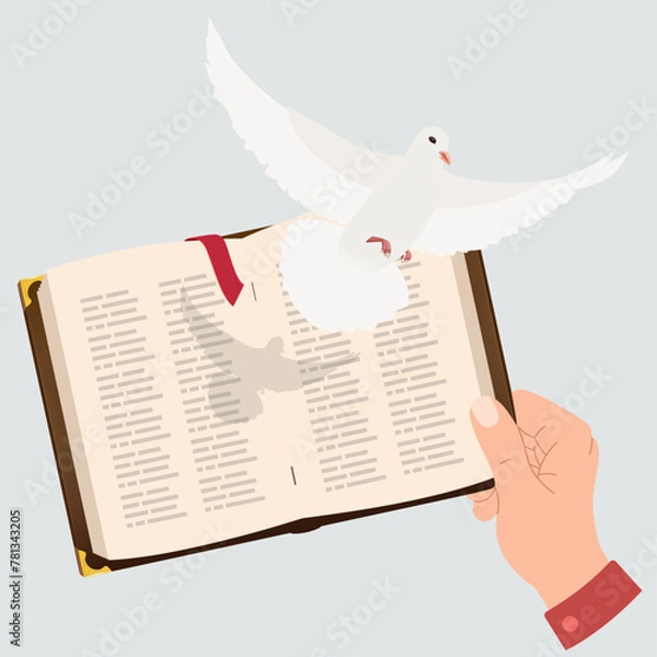 Fototapeta This image captures the essence of spirituality and tranquility, featuring the Sacred Bible alongside a symbol of peace, the dove. It represents hope, faith, and the divine message of love and harmony