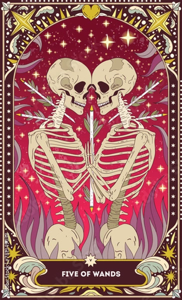 Obraz A tarot card in bohemian tones in a modern style in the form of a skeleton. Modern illustration of Five of Wands card, minimalistic cartoon skeleton, simple vector drawing