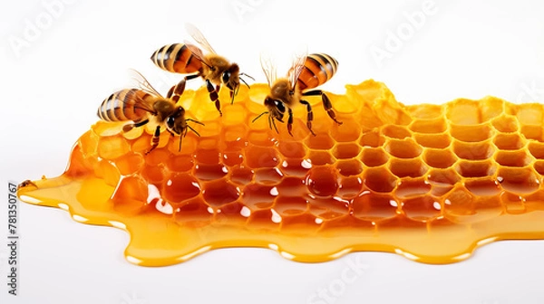 Obraz Honey in a honeycomb with bees on a white background. Passover.