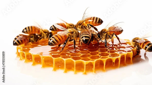 Obraz Honey in a honeycomb with bees on a white background. Passover.
