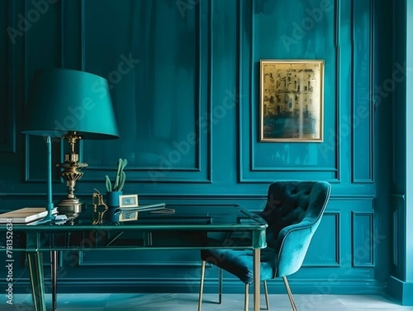 Fototapeta Emerald walls and furniture. A Workspace Awash in Deep Dark Green