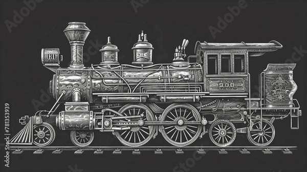 Fototapeta Steampunk steam locomotive, sketch engraving style, generative AI raster, scratch board imitation, black and white.