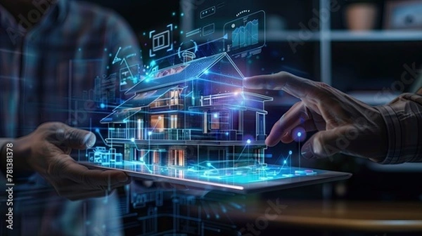 Fototapeta Create photorealistic real estate photos on mobile devices. State-of-the-art tablet with AI chatbot, holographic method with statistics and graphs for real estate agents.