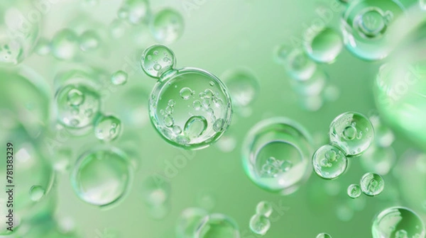 Fototapeta Green translucent cosmetic molecules in 3D rendering with simple cell background