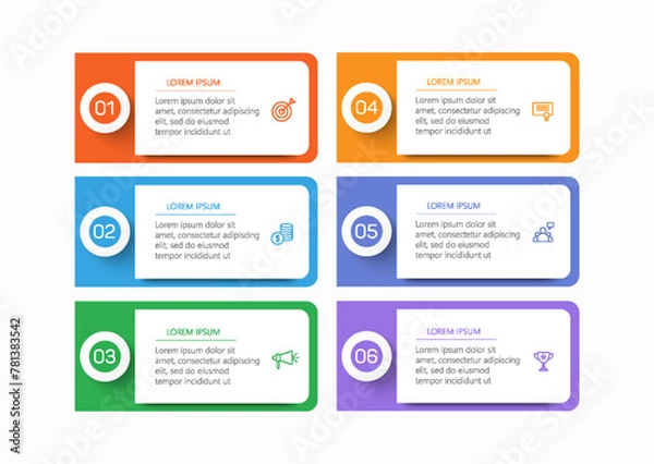 Obraz Business vector infographic design template with icons and 6 options or steps. Can be used for process diagram, presentations, workflow layout, banner, flow chart, info graph	