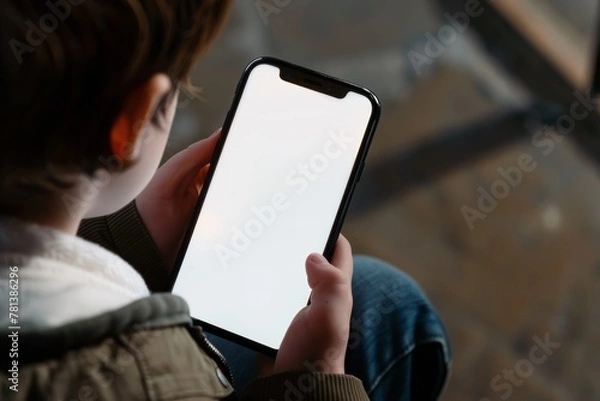 Fototapeta App screen over a shoulder of a boy holding an smartphone with a completely white screen