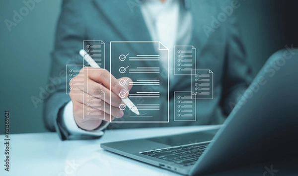 Fototapeta Electronic signature Paperless workplace document business paperless digital internet sign agreement paper online on smartphone tablet management app using pencil digital write working..data office