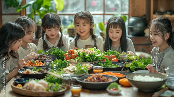 Fototapeta Children are happy to have a meal together.