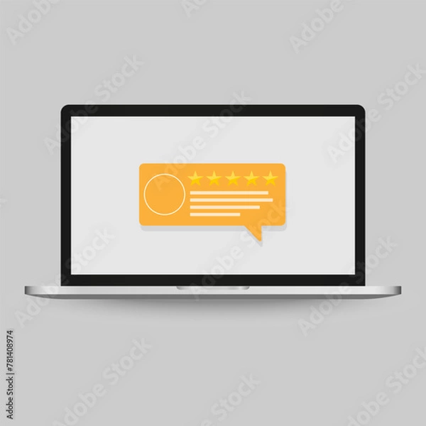Fototapeta Review rating online feedback experience testimonials bubble speeches on computer vector, flat style laptop reviews stars good, bad rate, concept of customer testimony messages, notifications