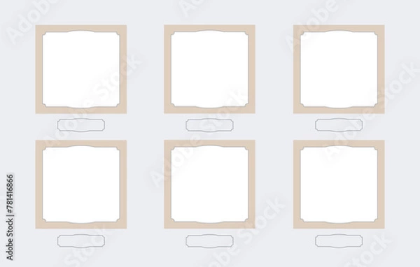 Fototapeta Set of square photo cards with decorative frames. Collage of 6 empty photo border with vignette for text. Blank Template for collages and design. Vector mockup. EPS10.