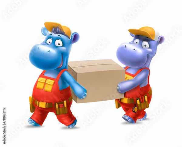 Obraz two working hippos are carrying  box isolated on white background