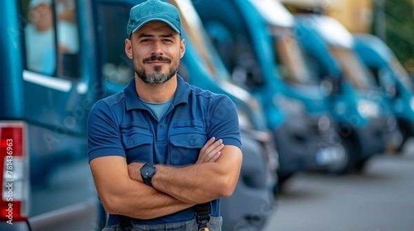Fototapeta A deliveryman in a blue cap and tshirt, hands crossed, in front of a fleet of delivery vans, symbolizing teamwork and efficient logistics