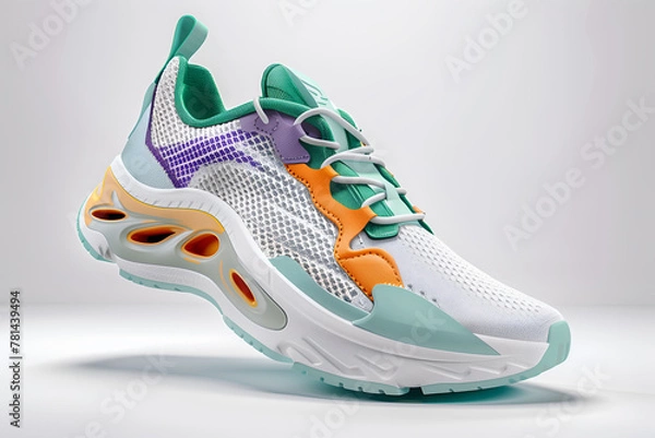 Obraz Colorful fashionable sneakers on light background, sport concept, product photo, levitation concept, minimalism, 3D rendering