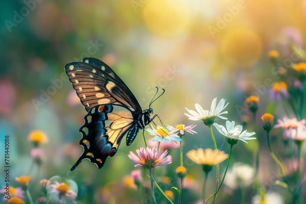 Fototapeta Swallowtail butterfly flutters with elegance over a vibrant wildflower field, illuminated by sunlight