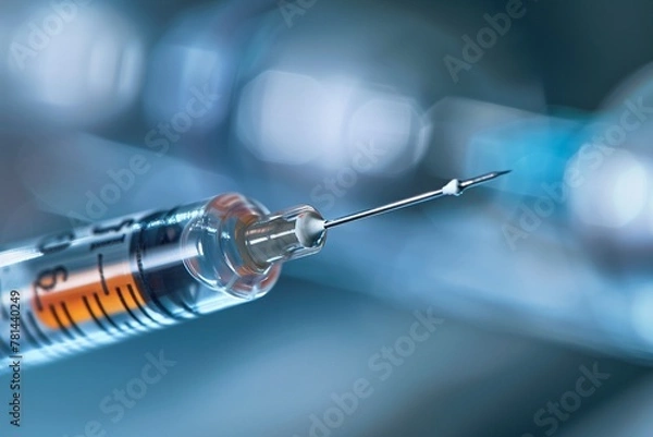 Fototapeta Closeup of a needle syringe extracting a biopsy sample, with a clear focus on the syringe and sample