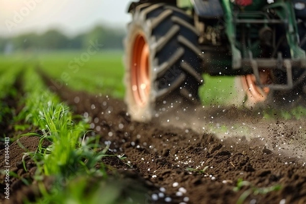 Fototapeta Closeup of tractor wheels and potash fertilizer being spread on a verdant wheat field, with a focus on the machinery and agricultural process