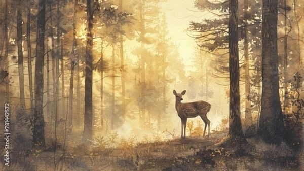 Fototapeta warm-toned watercolor painting of a young deer standing amidst a forest bathed in the soft golden light of sunrise, conveying a sense of tranquility and harmony with nature