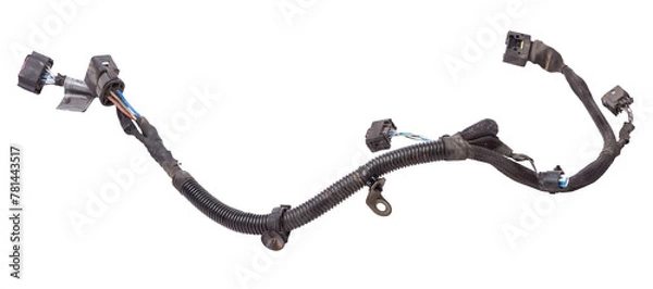 Fototapeta A cable of matted wires of different colors with connectors in the electrical wiring of the car. Internet line in the work of the provider.