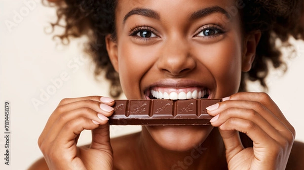 Fototapeta close up portrait of a woman eating a chocolate bar, generative ai