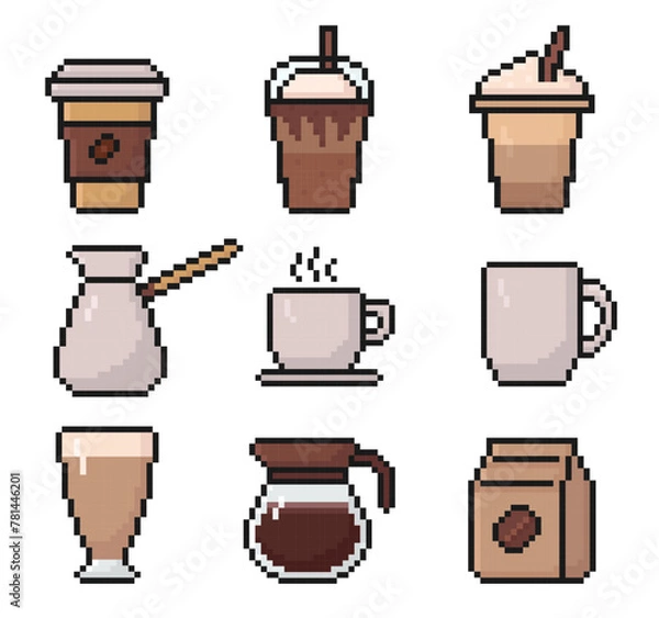 Obraz coffee pixel art set of icons, vintage, 8 bit, 80s, 90s game style, computer arcade game items, coffee cup, latte, frappe, cappuccino, cezve, coffee pot, package, cup, mug, vector illustration