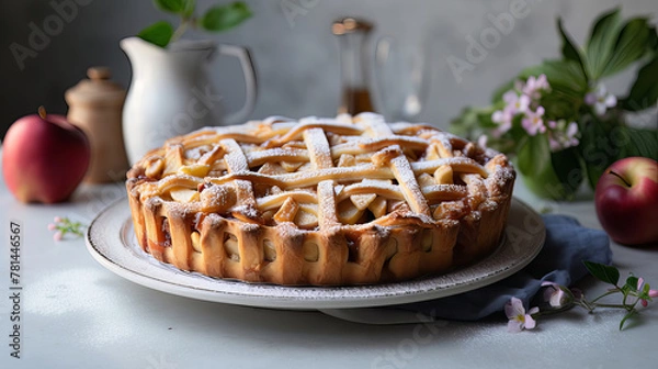 Obraz Apple pie on a white table and cup of caffe in a cafe.