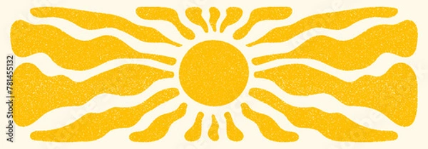 Fototapeta Sun groovy retro horizontal background. Sun burst hippie banner with vintage grainy texture, hand drawn abstract wavy pattern in 60s, 70s. Modern Matisse style summer vector illustration